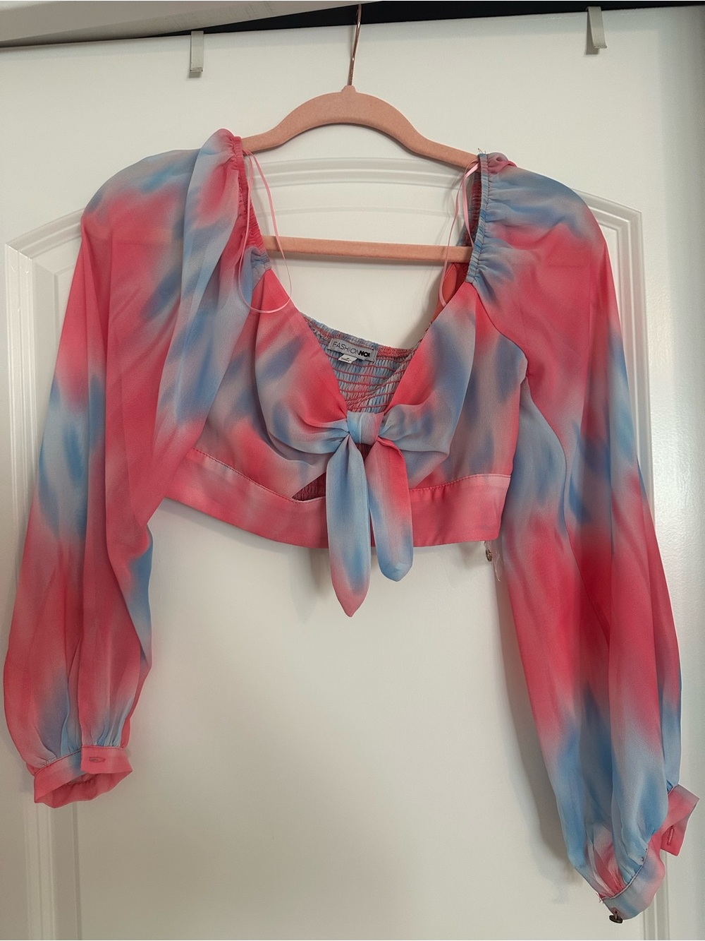 Fashion Nova Pink & Blue Tie-Front Sheer Crop Top